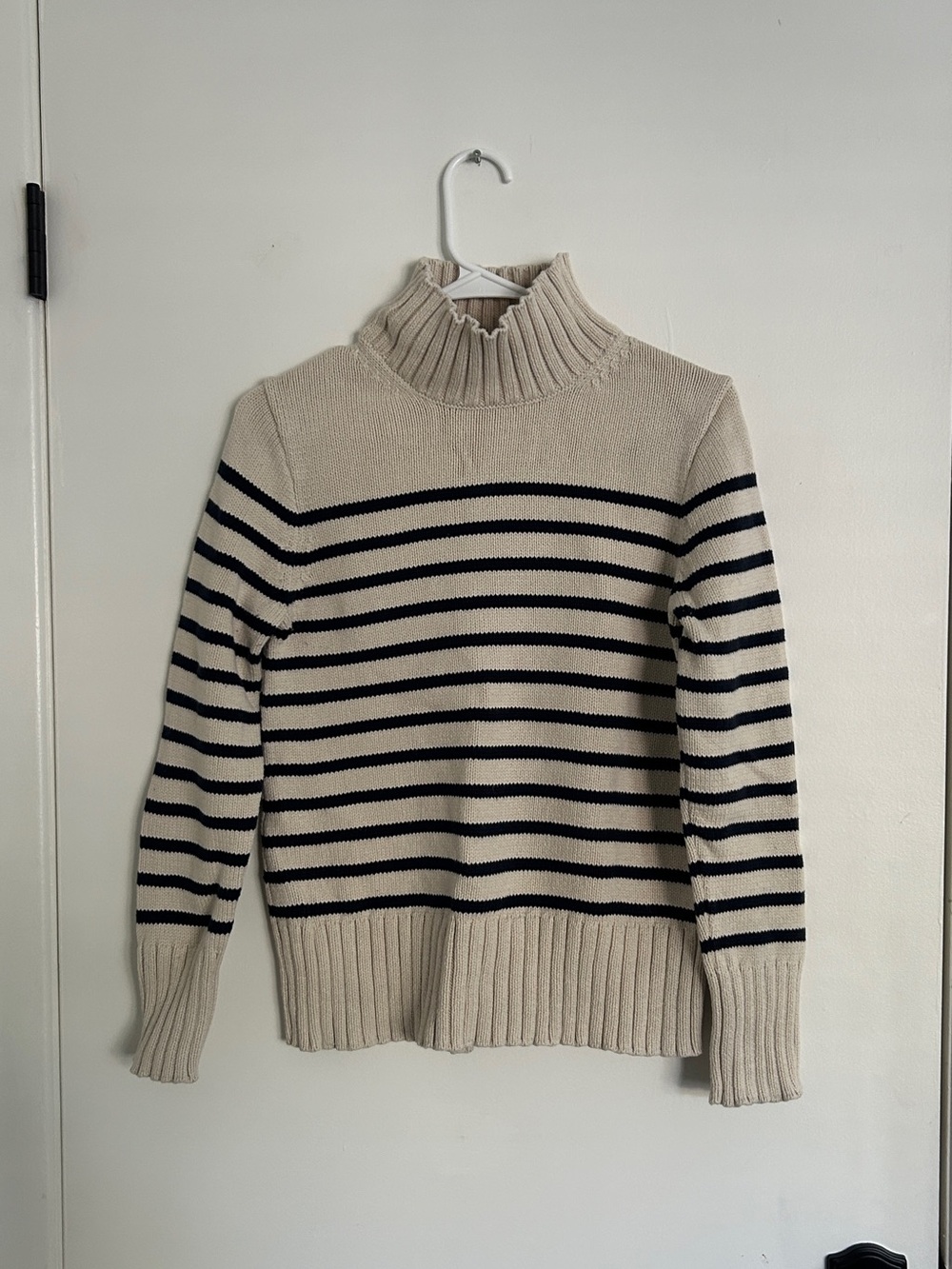 J. Crew Cream and Black Striped Turtleneck Sweater